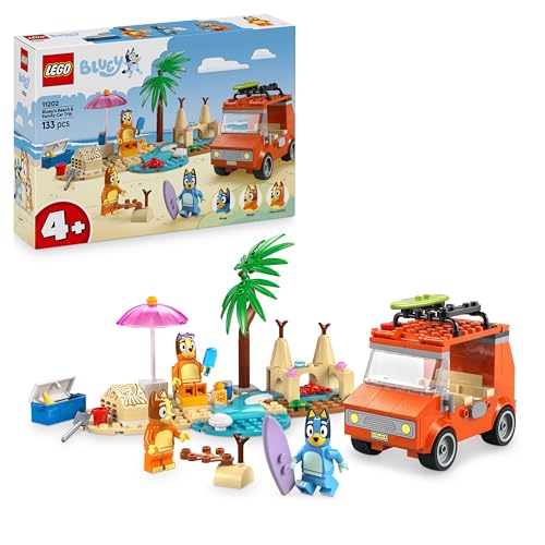 Bluey: Bluey's Beach & Family Car Trip Toy with 3 Minifigures INCL. Bingo & Chilli, Plus 2 Surfboards, a Sand Castle & Fun Accessories - Birthday Gift for 4+ Year Old Girls & Boys - 11202