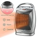 Warmtec 1500W Oscillating Ceramic Space Heater with Adjustable Thermostat,Portable Electric Heater Fan with Overheat Protection and Carry Handle (Silver)