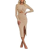 Duigluw Women Cutout Long Sleeve Crewneck Twist Front Crisscross Ruched Split Bodycon Midi Dress