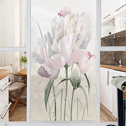 Decorative Privacy Window Film/Floral Pink Roses Tulips Abstract Leaves with Petals and Buds Detailed Print Image/No-Glue Self Static Cling for Home Bedroom Bathroom Kitchen Office Decor White