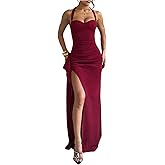 GORGLITTER Women's Backless Halter Dress High Split Ruched Sleeveless Sexy Formal Cocktail Party Evening Maxi Dresses
