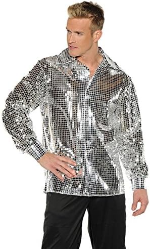 OvedcRay 1970S 70S Silver Disco Ball Shirt Sequin Costume Dance Saturday Night Fever Pimp