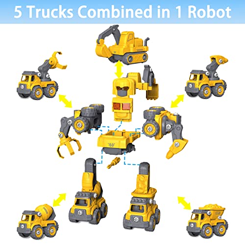 EDPOFUL Take Apart Robot Toys for Boys, 5-in-1 Construction Vehicles Transformation Toys, Building STEM Truck Toys for 5 6 7 Year Old Kids