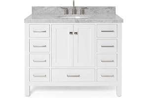 ARIEL Cambridge 43 Inch Bathroom Vanity, White Bathroom Vanity with Sink, Solid Wood Vanity Cabinet,1.5" Edge Carrara Marble Top, Oval Undermount Single Sink, 2 Soft Closing Doors, 9 Drawers