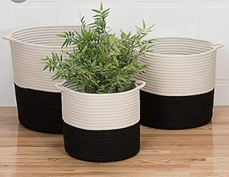 New Printshoppie Handcrafted Woven Round Floral Pots Bag Natural Jute & Cotton Plant Bag Pot Bags for All Plants Home Room Hall Decor Indoor Outdoor Plant Sack (Set of 3, Off White-Black)