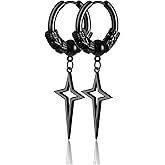 Gothic Punk Black Stainless Steel Cross Star Dangle Drop Earrings Piercing Jewelry Viking Dragon-Shaped Huggie Hoop Earring Gift for Men Women Teens