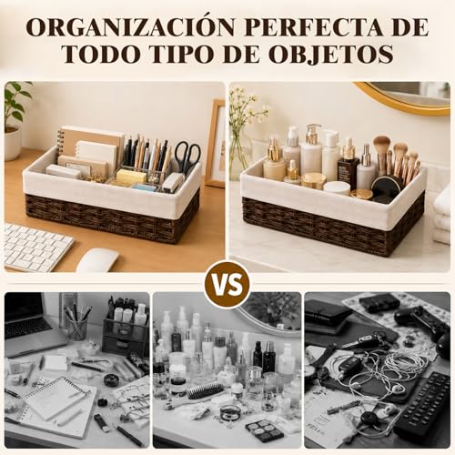 Cestas de Mimbre, Juego de 3 Cestas de Baño, Cestas de Mimbre Tejidas a Mano con Forro Extraíble, Cesta de Almacenamiento para el Hogar Apilable para Dormitorios, Cocina, Baños, Estantería y Organizar