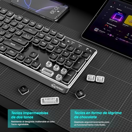 Free wolf M104 Teclado Inalámbrico RGB, Teclas Silenciosas para Conectividad 2.4G/Bluetooth/USB con Cable, Resistente Derrames, Teclado Recargable de Tamaño Completo 104 Teclas para PC y Mac (Negro)