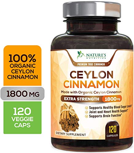 Organic Ceylon Cinnamon Highest Potency Standardized 1800mg - True Organic Ceylon Cinnamon Pills - Blood Sugar Levels Support Supplement, Vegan Anti-Inflammatory for Joint Pain Relief - 120 Capsules (Best Time To Take Cinnamon For Diabetes)