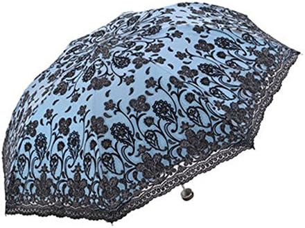 Biscount Anti-uv Sun Protection Umbrellas Flower Lace Umbrella Rian Women Three Folding Sunny and Rainy Umbrella for Girl- Blue