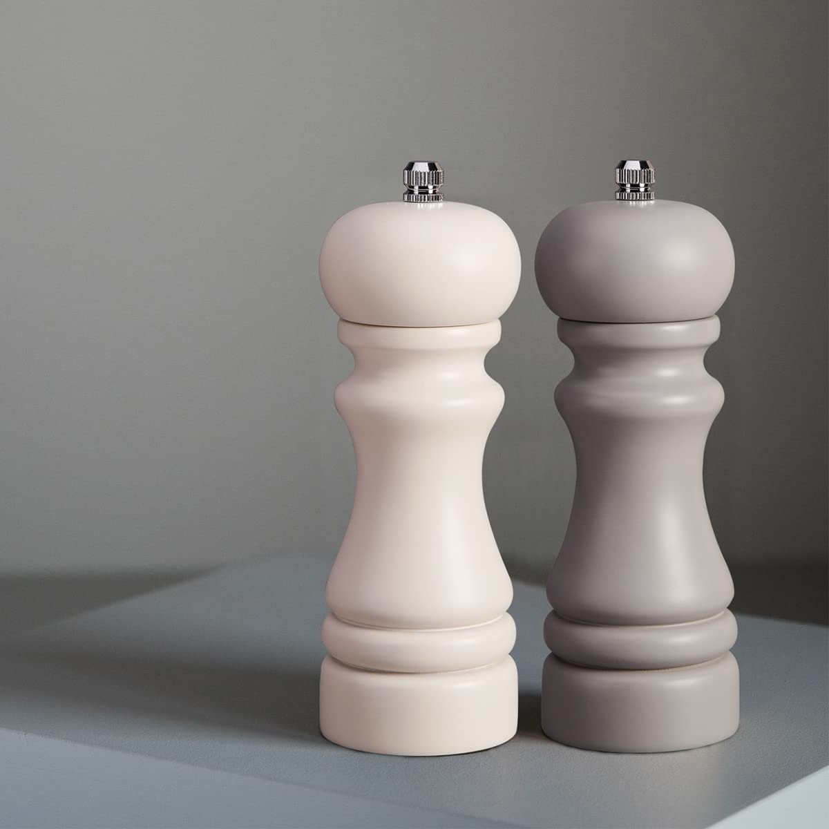 MAITTON Wooden Salt and Pepper Mill - Spice Mill with Adjustable Steel and Ceramic Grinder, Salt Mill Set White and Grey, Small, 16.5 cm