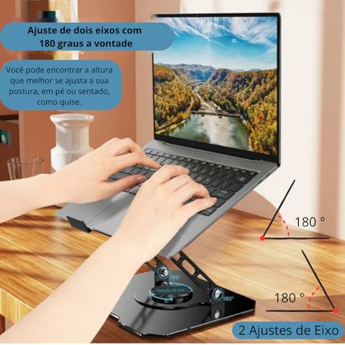 Suporte para Notebook e Laptop de até 17" MTS, Tablets e Celulares, Aço Carbono, Ajustável, Dobrável, Base Giratória 360° e Aberto para Ventilação, Suporta até 10kgs, Ergonômico Portátil (Branco)