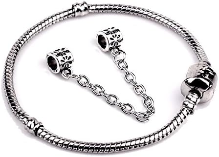 WorldCharlotte Silver Plated Snake Chain Classic Bead Barrel Clasp Bracelet for Beads Charms, 7.5 Inch
