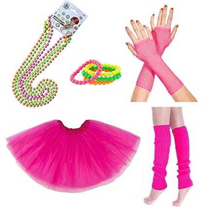 iLoveCos 80er Party Kleid Zubehör Neon Erwachsener Tutu Beinwärmer Fishnet Pink Handschuhe Neon Mehrfarbig Perlenkette Perlen
