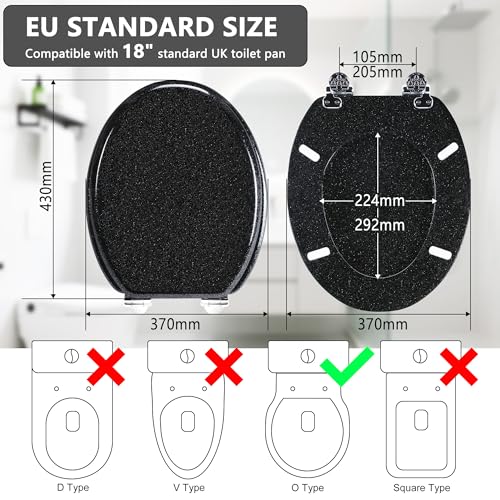 Angel Shield Glitter Toilet Seat Molded Wood Toilet Seat, Quiet Close with Quick Release Adjustable Hinges 45x37cm Oval, Fits EU Bottom-Mount Toilets (Black Glitter)