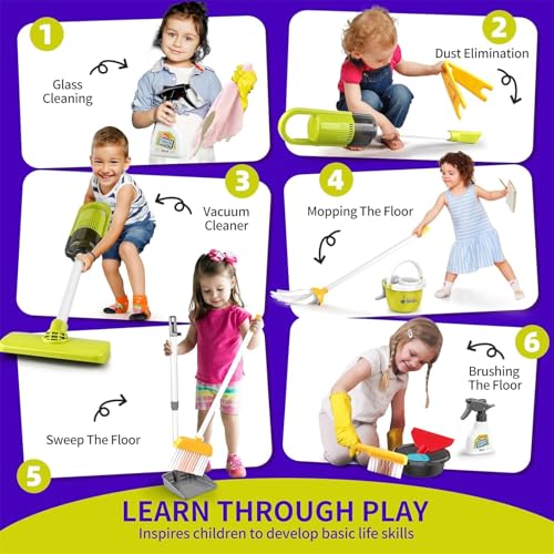AM ANNA Toddler Toys Cleaning Set, 14Pcs Kids Cleaning Toy Set, Pretend Play Home Playset - Incl.Electric Toy Vacuum, Broom and Dustpan Sets, Mop,Duster and More (Blue)