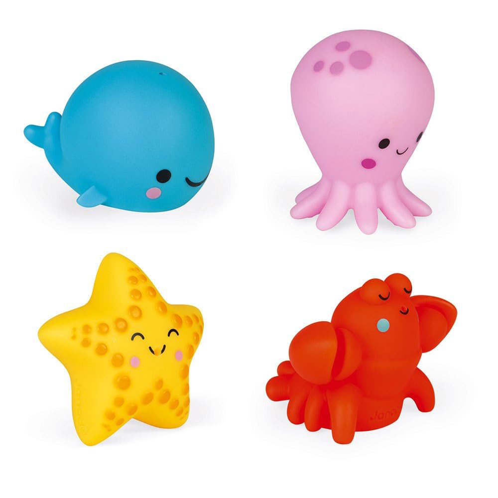 Janod - Sea Animal Squirters - Set of 4 - Funny Sprinkler Animals - Early Bath Toy - From 10 months, J04703