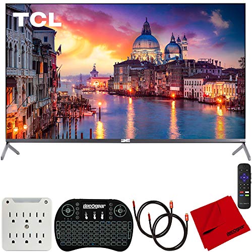 TCL 65R625 65-inch 6-Series 4K QLED UHD HDR Roku R625 Smart TV (2019) Bundle with 2X Deco Gear HDMI Cable, Wireless Keyboard, Microfiber Cleaning Cloth and 6-Outlet Surge Adapter with Night Light