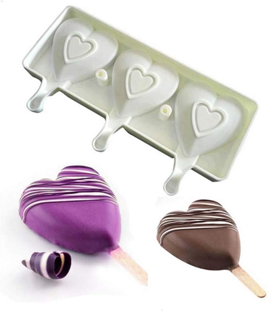 Youzpin 3 Cavity Heart Shape Ice-lolly Maker Pop Silicone Mold,Ice Pop Popsicle Makers Silicone Mould,Kitchen DIY Popsicle Lolly Mould Ice Cube Tray