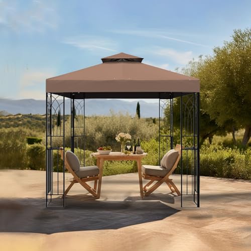 8x8 Brown Soft Top Patio Gazebo with Corner Shelves & Double Roof image 19