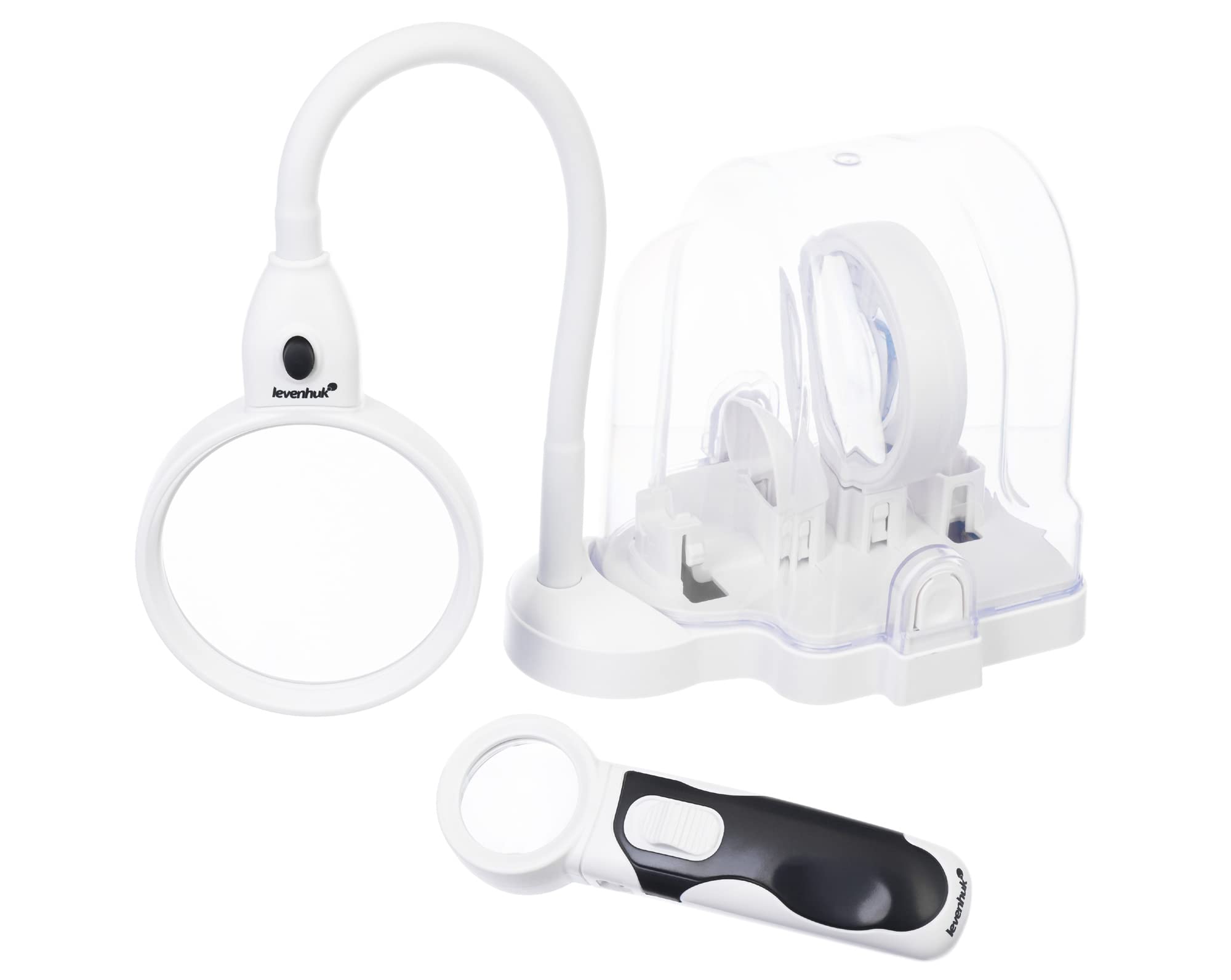 Levenhuk Zeno Multi Ml15 White Handheld, Desk and Lamp Magnifiers Set with LED Light and 2x, 5x and 16x Magnification