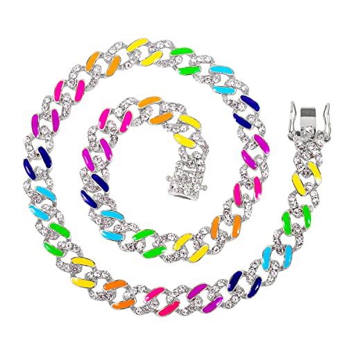 HH BLING EMPIRE Silver Gold Cuban Link Chain for Men/Women, Iced Out Mens Diamond Chain Necklace-12mm Miami Cuban Link Chains Hip Hop Jewelry (A-Rainbow Silver-20)