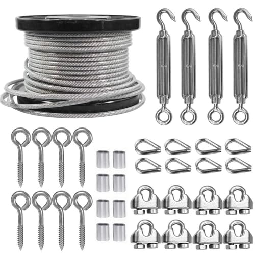 TooTaci 5mm Edelstahlseil Set, 60M/5mm Drahtseil Edelstahl Spanndraht, Stahlseil ummantelt aus PVC, Stahlseil mit ösen, M6 Seilspanner Edelstahl Seils