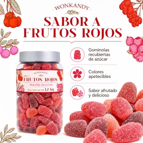 Gominolas Frutos Rojos 1,2 kg Bote Grande. Surtido de Caramelos de Goma Fresa Uva Cereza, Chuches Blandas Sin Gluten y Sin Lactosa, Ideal para Fiestas Cumpleaños Candy Bar.