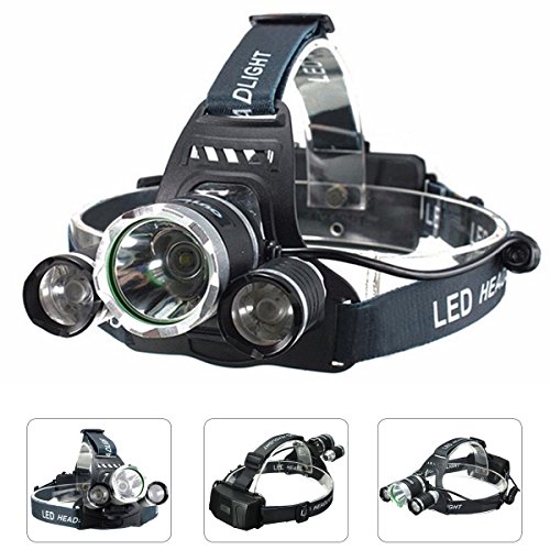 OUTERDO LED Headlamp Headlight Camping Cycling Hunting Fishing Climbing Running Hard hat Flashlight with 4 Modes 5000LM Waterproof ( 18650 Rechargeable Battery+AC Charger)