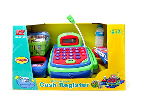 COTTONTAIL Multifunctional Electronic Cash Register Toy Pretend Play with Microphone Conveyor Belt Scanner and Calculator (Blue / Green)