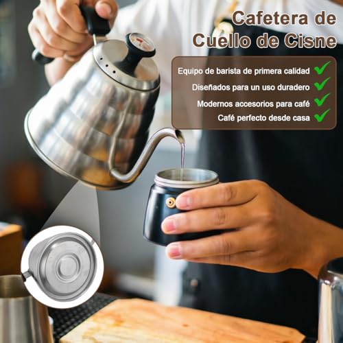 Hervidor de Agua con Termómetro 1.2L, Café Tetera de Cuello de Cisne Acero Inoxidable para Verter sobre Café, Mango Antioxidante, Cafe Goteo a Mano, Prensa Francesa Hervidor de Té para Estufa Cafetera