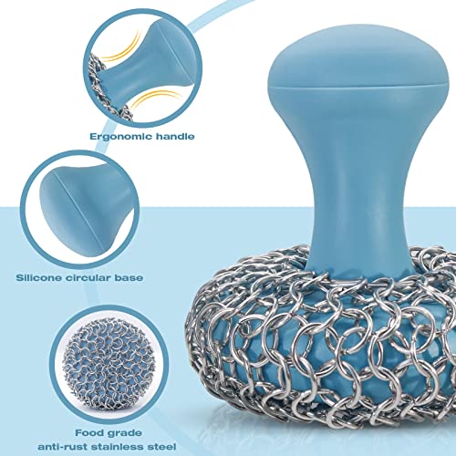 Cast Iron Scrubber + Pan Scraper, Upgraded Cast Iron Cleaner with Ergonomic Handle, Chainmail Scrubber for Cast Iron Pans and Skillets, Dishwasher Safe (Blue, Pack of 2)