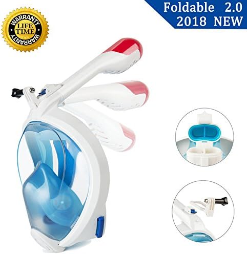 Full Face Snorkel Mask 2.0 Foldable Full Face Snorkeling Diving Scuba Mask with Detachable GoPro Mount, 180°Panoramic Easy Breath Anti-fog for Adults Youth (Small, Blue &amp; White)