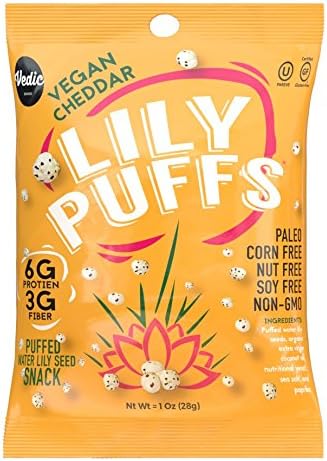 Lily Puffs Vegan Cheddar Puffed Water Lily Seed Snacks, Paleo, Corn Free, Nut Free, Soy Free, Non-GMO, 1oz Bags, Pack of 24