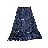 Womens Boho Skirt Blue Rayon Crinkle A-line Flare Retro Long Skirts
