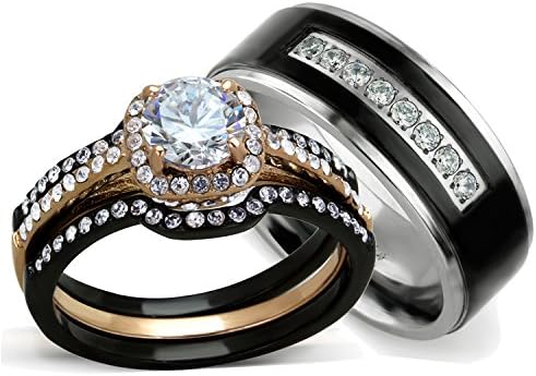 His and Hers Wedding Ring Sets - Women's Halo Design CZ Wedding Rings Sets & Men's Titanium Matching Wedding Bands