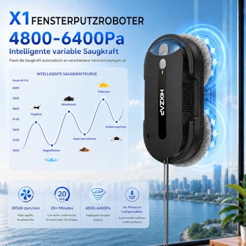 HIXZAP X1 Robot Window Cleaner with Two-Way Ultrasonic Spray, Double Propeller, 4800-6400pa, 85 ml Tank, Edge Detection, Smart Navigation, for Windows and Mirrors (Black)
