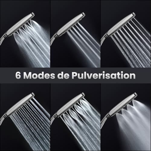 VOXON High Pressure Shower Head with 6 Modes, Square Water Saving Shower Head with One Hand Adjustment Knob and Silicone Anti-Clogging Nozzle, Chrome Plated Large Shower Head