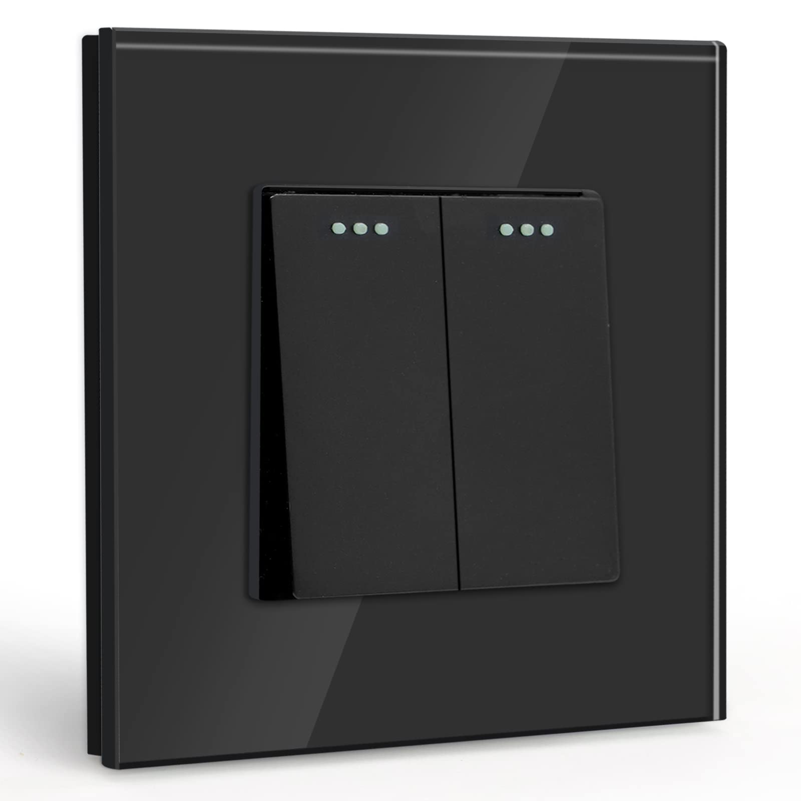 BSEED Light Switch 2 Gang 1 Way,Glass Light Switches,Screwless 10A Rocker Tactile Wall Switch,Black Crystal Toggle Switch