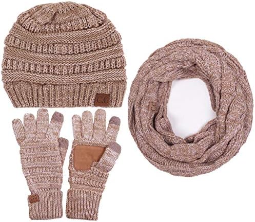 ScarvesMe CC 3pc Two Tone Trendy Warm Chunky Soft Stretch Cable Knit Beanie, Scarves and Gloves Set