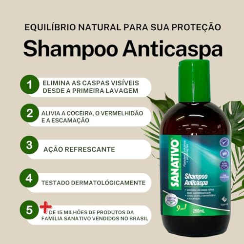 Shampoo Anticaspa Sanativo – Com Aroeira, Chá Verde, Melaleuca, Mentol, Ácido Lático, Salgueirinha e Salgueiro Branco | Combate Caspa, Oleosidade, Coceira e Refresca o Couro Cabeludo