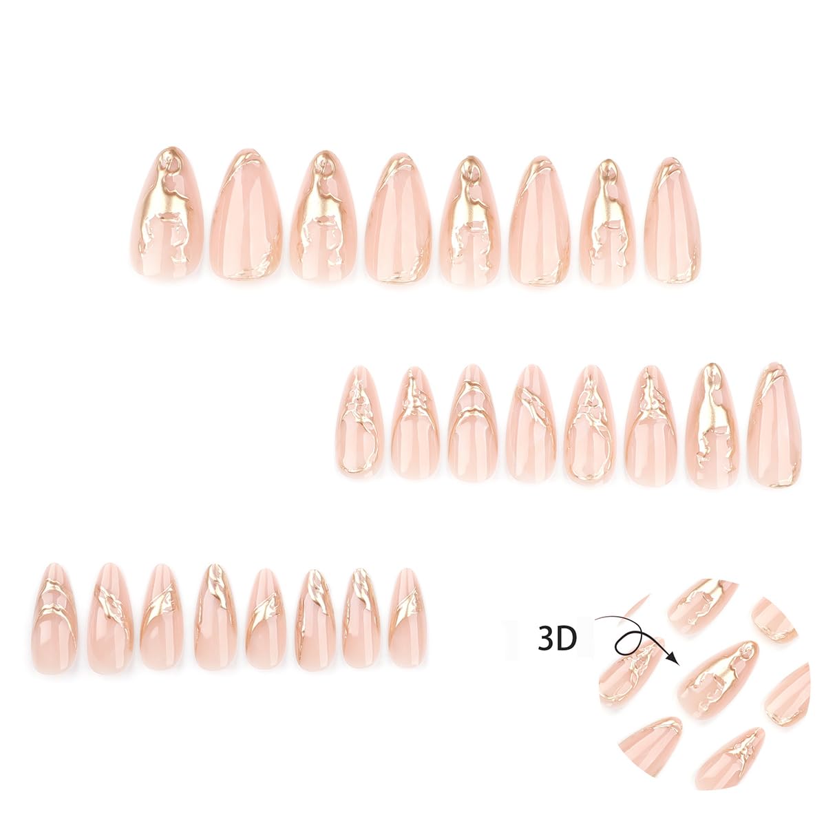 24Pcs French Press on Nails Medium Almond Fake Nails with 3D Gold Stamping Designs Artificial Stick on Nails Irregular Metal Lines French Tip Nails Glue on Nails Luxury Stiletto False Nails for Women - Image 5