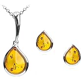 Ian and Valeri Co. Amber Sterling Silver Teardrop Set Stud Earrings Pendant Necklace 18 Inches