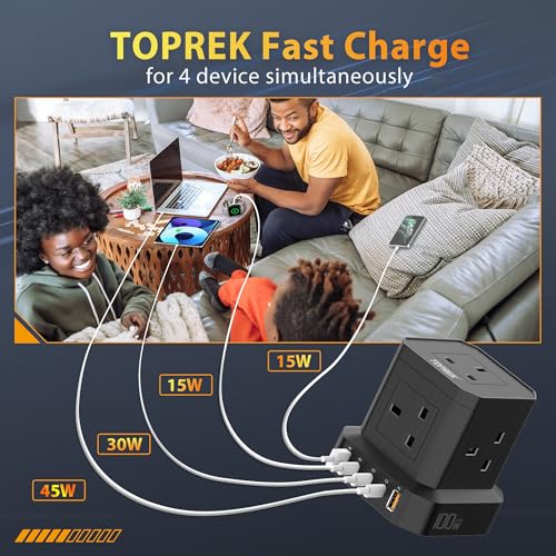TOPREK 100W PD3.0 Fast Charge Extension Lead with Usb Slots, Simultaneous Fast-charging of 10 devices, Usb Extension Cable Multi Plug Extension Socket