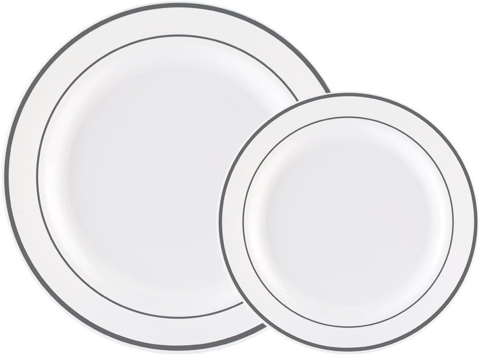 60PCS Heavyweight White with Silver Rim Wedding Party Plastic Plates,Dinnerware Sets,30-10.25inch Dinner Plates and 30-7.5inch Salad Plates -WDF (White/Silver Rim)