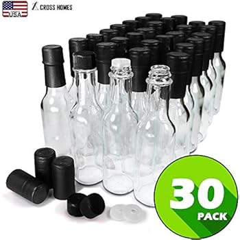 Hot Sauce Woozy Bottles Empty 5 Oz Complete Sets of Premium Commercial Grade Clear Glass Dasher Bottle with Shrink Capsule, Leak Proof Screw Cap, Snap On Orifice Reducer Dripper Insert (Black 30 Sets)