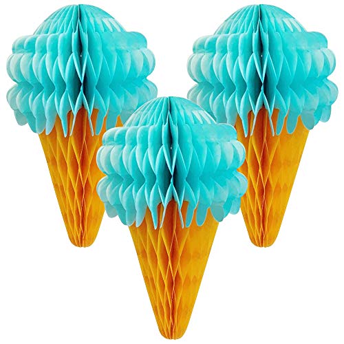 Just Artifacts 7inch Ice Cream Cone Shaped Tissue Honeycomb Decoration (Set of 3, Blue) - Thumbnail 2