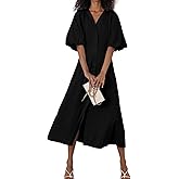 chouyatou Women Summer Puff Sleeve Button Down Shirt Dress Flowy Elegant Business Casual Midi Long Dress