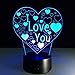 Pixnor 3D Lamp Illusion Night Light I Love U heart 7 Colors Changing Decorative Desk Lamp for lover Bedrooms