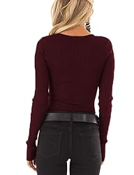 Tobrief Womens V Neck Henley Sweaters Ribbed Long